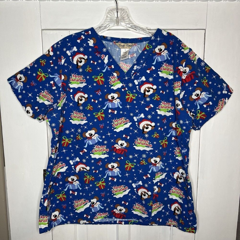 Comfy Cotton Blue Merry Christmas Puppy Dog Medical Nurse Scrub Shirt Size Med